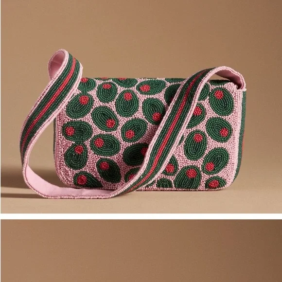 Anthropologie Fiona olive  Pink and Green Beaded Shoulder Bag Preowned - Picture 2 of 8